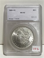 1884CC MORGAN SILVER DOLLAR SEGS MS62