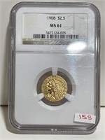 1908 INDIAN HEAD 2 1/2 DOLLAR GOLD COIN NGC MS61
