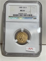 1909 INDIAN HEAD 2 1/2 DOLLAR GOLD COIN NGC MS61
