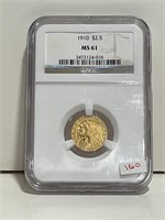 1910 INDIAN HEAD 2 1/2 DOLLAR GOLD COIN NGC MS61