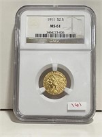 1911 INDIAN HEAD 2 1/2 DOLLAR GOLD COIN NGC MS61
