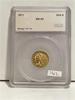 1911 INDIAN HEAD 2 1/2 DOLLAR GOLD COIN SEGS MS63