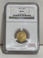 1912 INDIAN HEAD 2 1/2 DOLLAR GOLD COIN NGC MS61