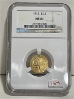 1913 INDIAN HEAD 2 1/2 DOLLAR GOLD COIN NGC MS61
