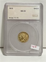 1913 INDIAN HEAD 2 1/2 DOLLAR GOLD COIN SEGS MS63