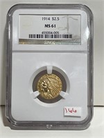 1914 INDIAN HEAD 2 1/2 DOLLAR GOLD COIN NGC MS61