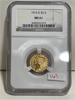 1914D INDIAN HEAD 2 1/2 DOLLAR GOLD COIN NGC MS61