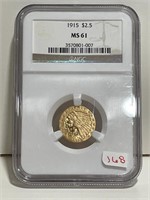 1915 INDIAN HEAD 2 1/2 DOLLAR GOLD COIN NGC MS61
