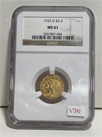 1925D INDIAN HEAD 2 1/2 DOLLAR GOLD COIN NGC MS61