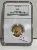 1927 INDIAN HEAD 2 1/2 DOLLAR GOLD COIN NGC MS61
