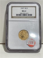 1927 INDIAN HEAD 2 1/2 DOLLAR GOLD COIN NGC MS61