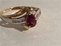 10 K Gold Ring w/ Rhodolite and Diamonds