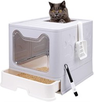 Foldable Cat Litter Box with Lid, White and Gray
