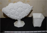 (2) vtg milk glass pcs: fan vase & squared planter