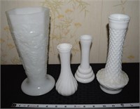 (4) Vtg milk glass stem vases