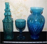 (3) Vtg blue glass pcs bottle goblet & Alrose vase