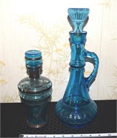 (2) Vtg blue glass MCM & silver overlay decanters