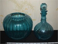 (2) Vtg blue ribbed blown glass vase & decanter