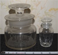 (2) Vintage glass jars w/ etched "bank"