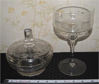 (2) Antique etched glass candy dish & open compote