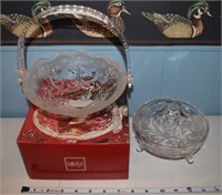 Vintage Mikasa handled glass basket & etched bowl