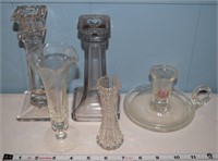 Vtg clear glass lot: candle sticks & vases