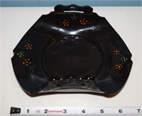 Black handpainted glass double handled candy dish