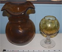 Vtg Amber optic ball glass & ribbed vases
