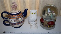Home decor lot: Owl Snowglobe & teapot