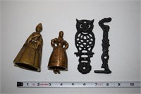 (2) brass lady bells + wrought iron owl bracket