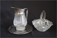 Glass Pitcher and Plate- Silver Accents