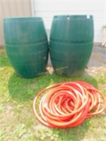 2 plastic rain barrels & hose