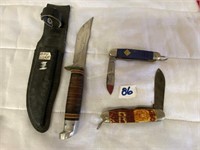 3 Boy Scout knives, sheath & 2 pocket