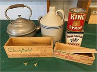 stoneware jug; tea pot; syrup & coffee tins, more