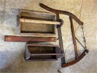 bow saw & 2 wooden tool caddies