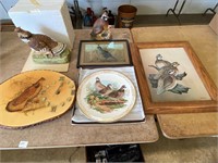 game bird items-prints, clock, figurines