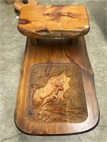 country end table w/stag carving in top w/glass