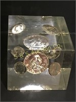 Lucite cube with 1961 proof coin set