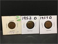 3- wheat pennies 1924,1953,1957   1 money