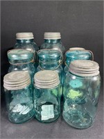 9 Blue Glass Jars