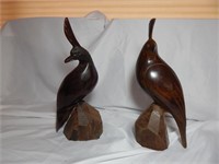 Large Pair Carved Iron Wood Quail Birds
