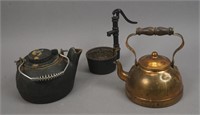 Assorted Cast Iron Collectibles & Copper Teapot