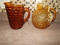 2 Vintage Amber Glass Water Pitchers