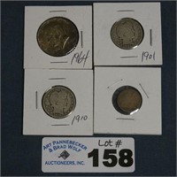 1964 Silver Half, 2-Barber Quarters, 1890 Dime