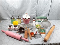 Kitchen lot including rolling pin, salt and