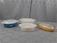 Pyrex divided dish, and trio of casserole dishes