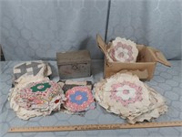 Vintage quilt blocks and metal box