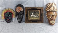 2 Wood Carved Masks, 1 Plaster Mask, Oil On Board