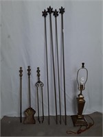 Brass Table Lamp, fireplace tools, and curtain