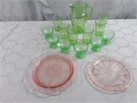 Green Depression glass and pink platters